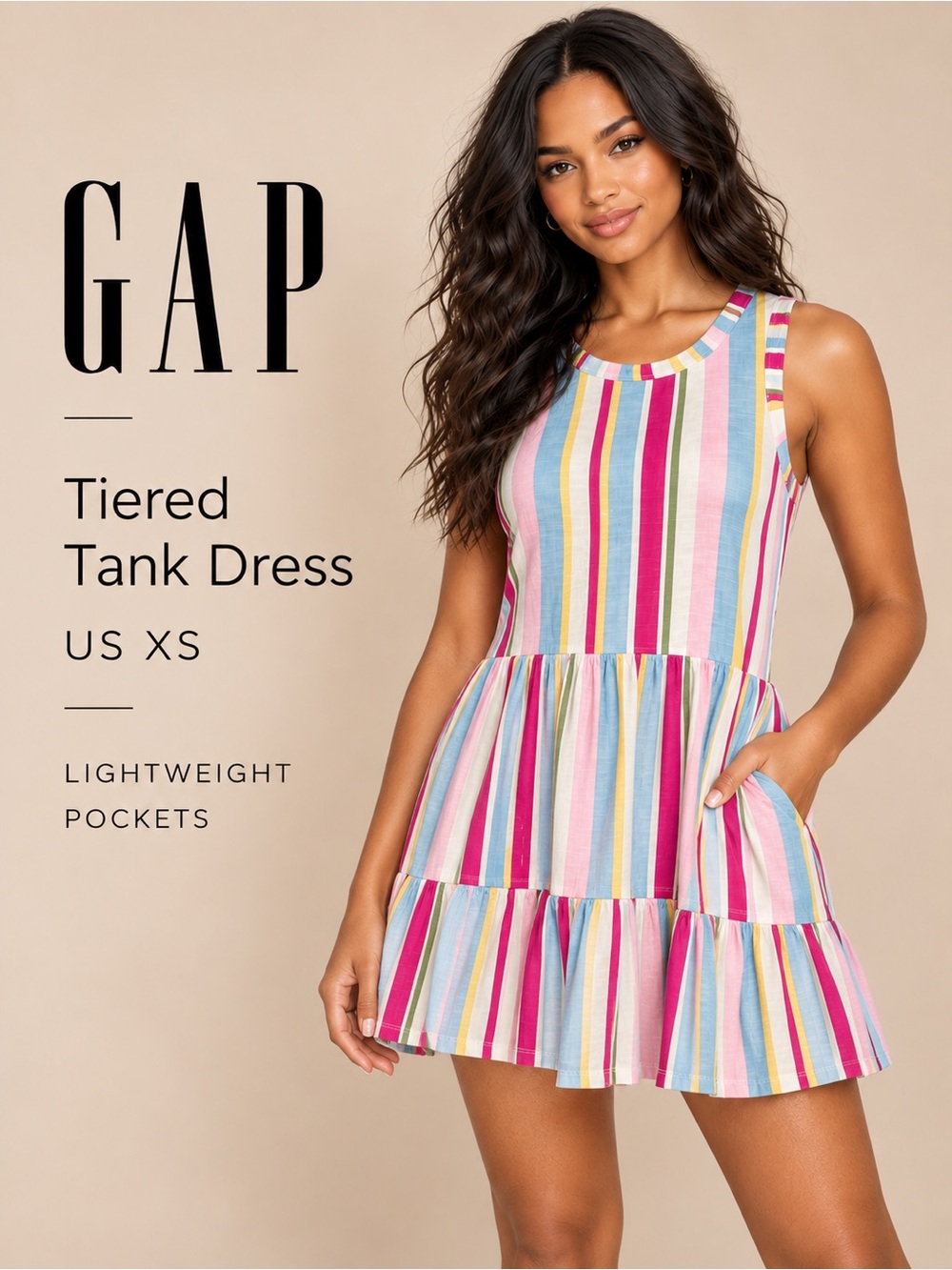 Gap Tiered Tank Dress Striped Mini Dress in Multicolor Pink & Blue XS NWT